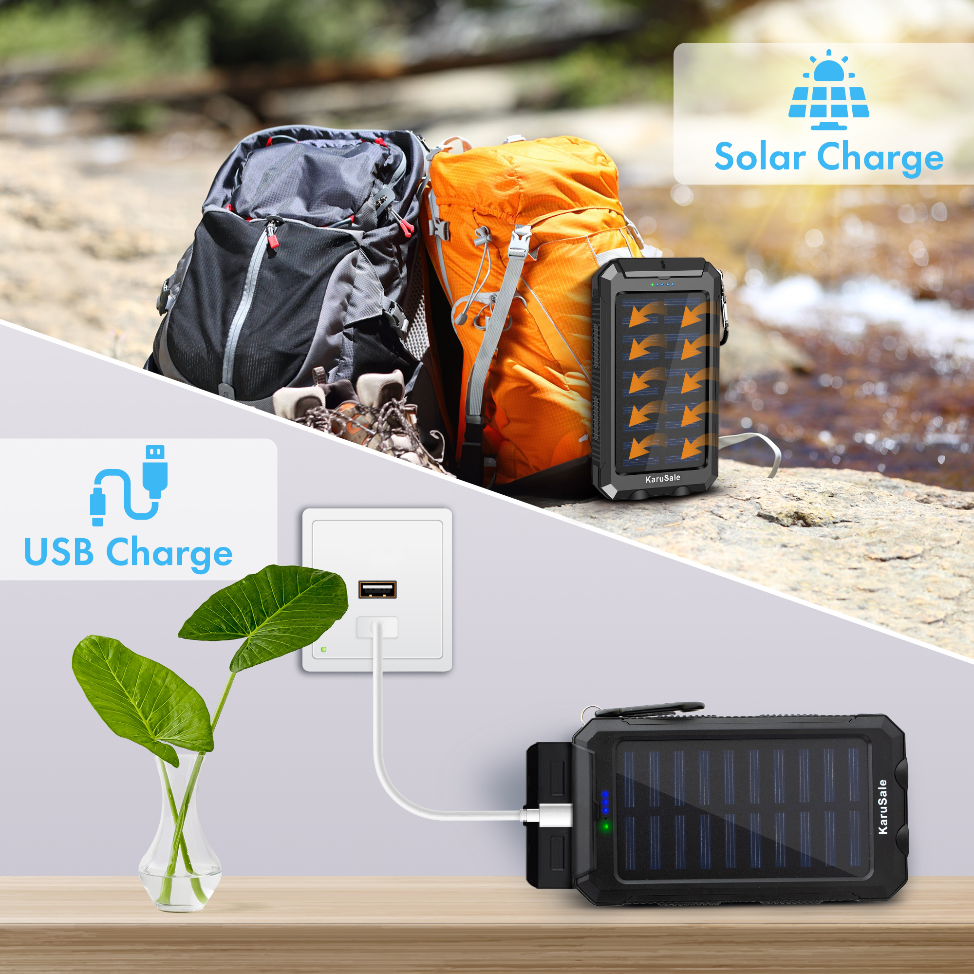 Solar Power Bank Portable Charger 50000mah Battery Pack 2 LED 2 USB Camping  Solar Panels Waterproof Car Travel Outdoor External Backup Flashlight for  All Cell Phones and Tablets Black+Black – KaruSale